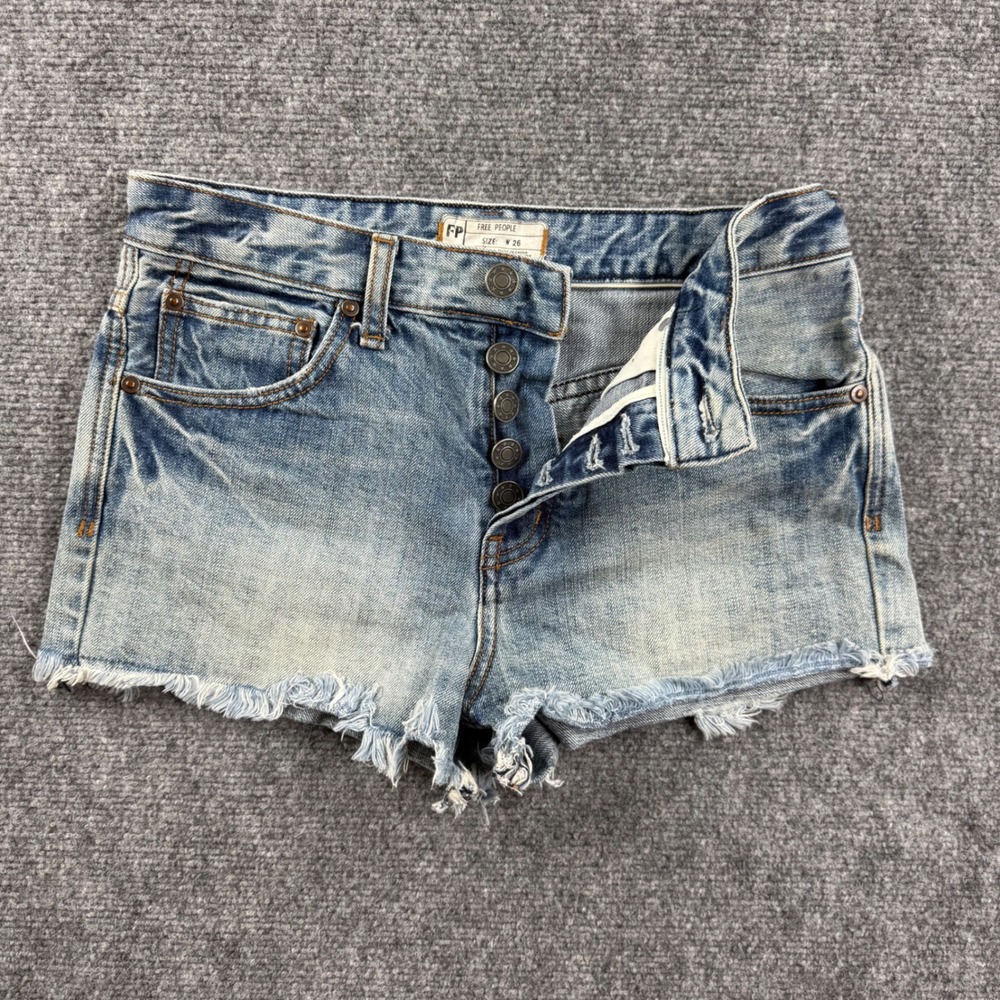 Free People Denim Shorts 26 Blue Distressed Button Fly Raw Hem Womens